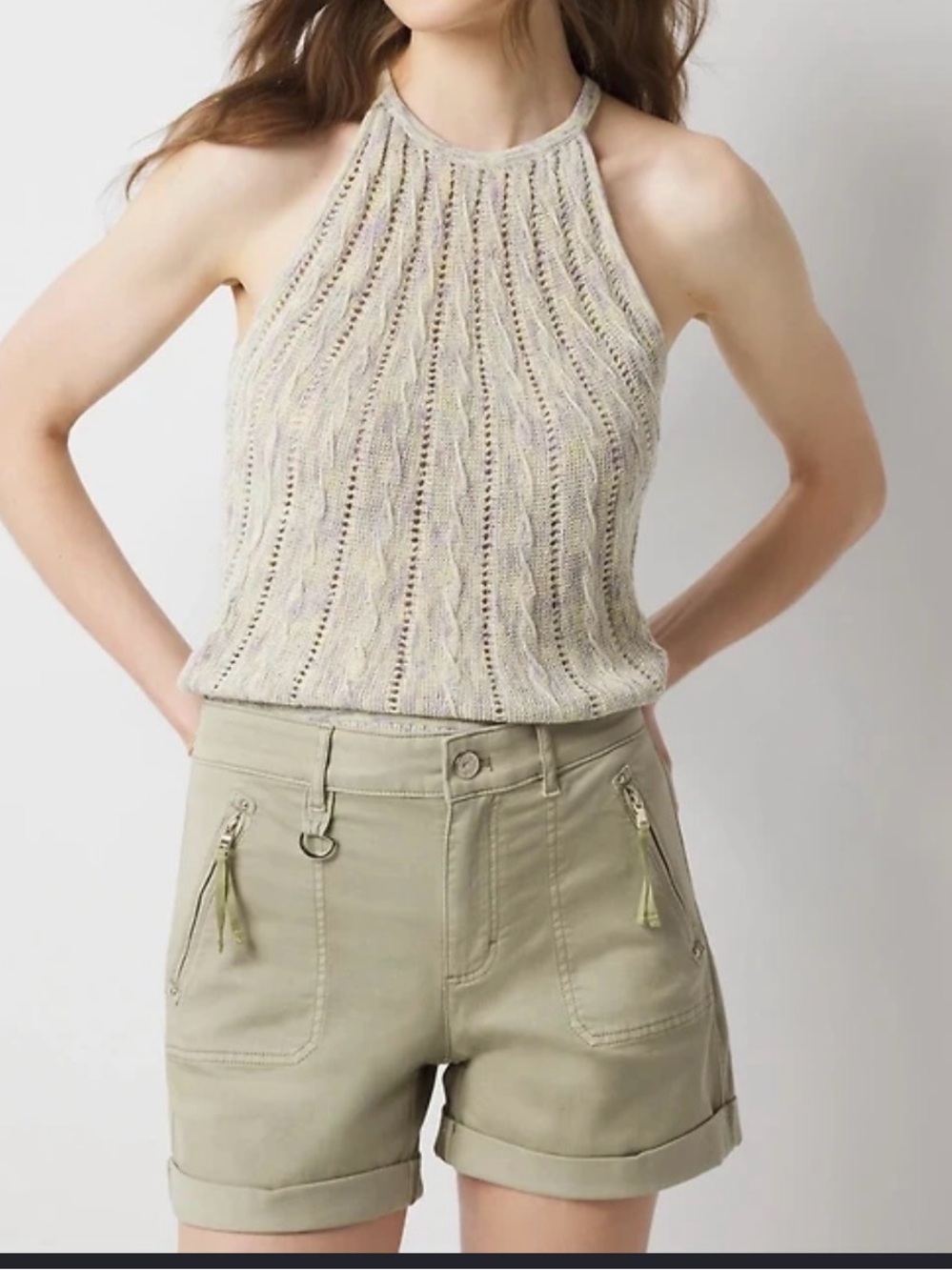 White House Black Market Pastel Yellow and Lilac Open-Knit Sweater Tank Sz M